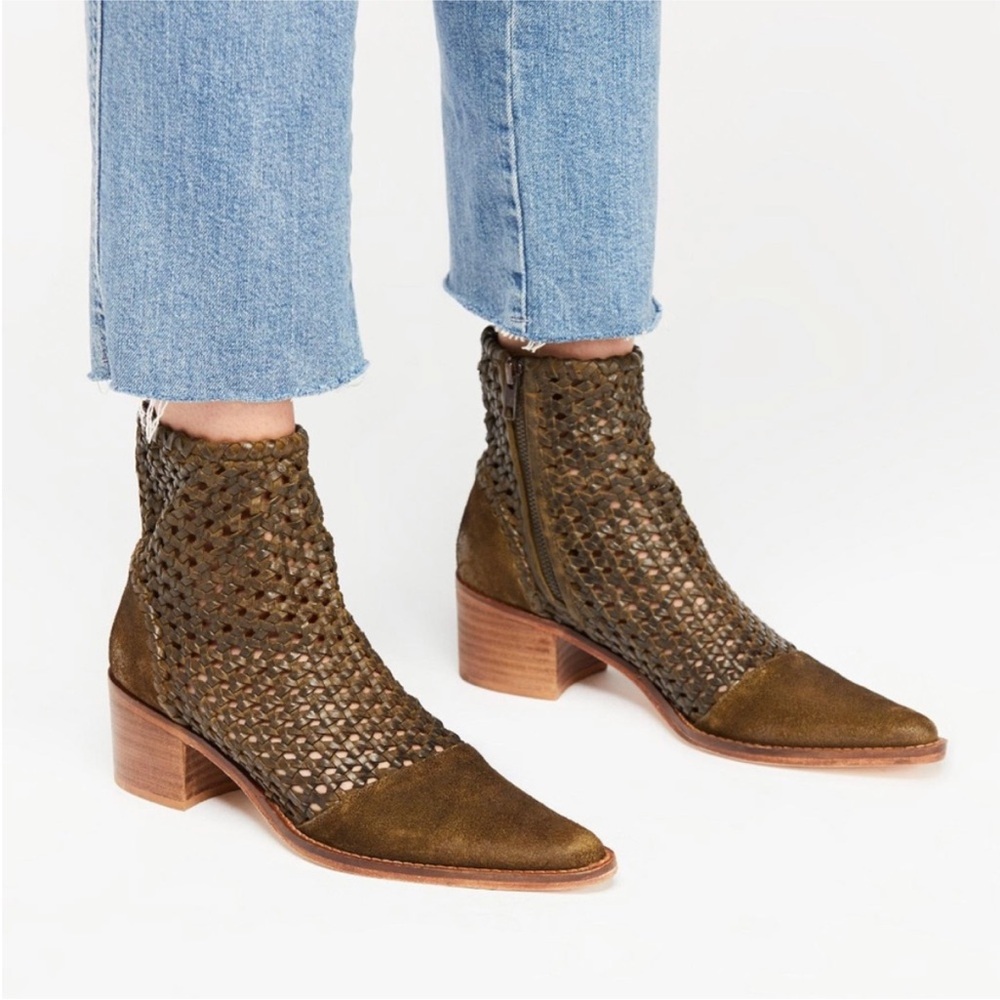 Free People Seude Leather In The Loop Woven Bootie Pointed Toe Olive Green 36